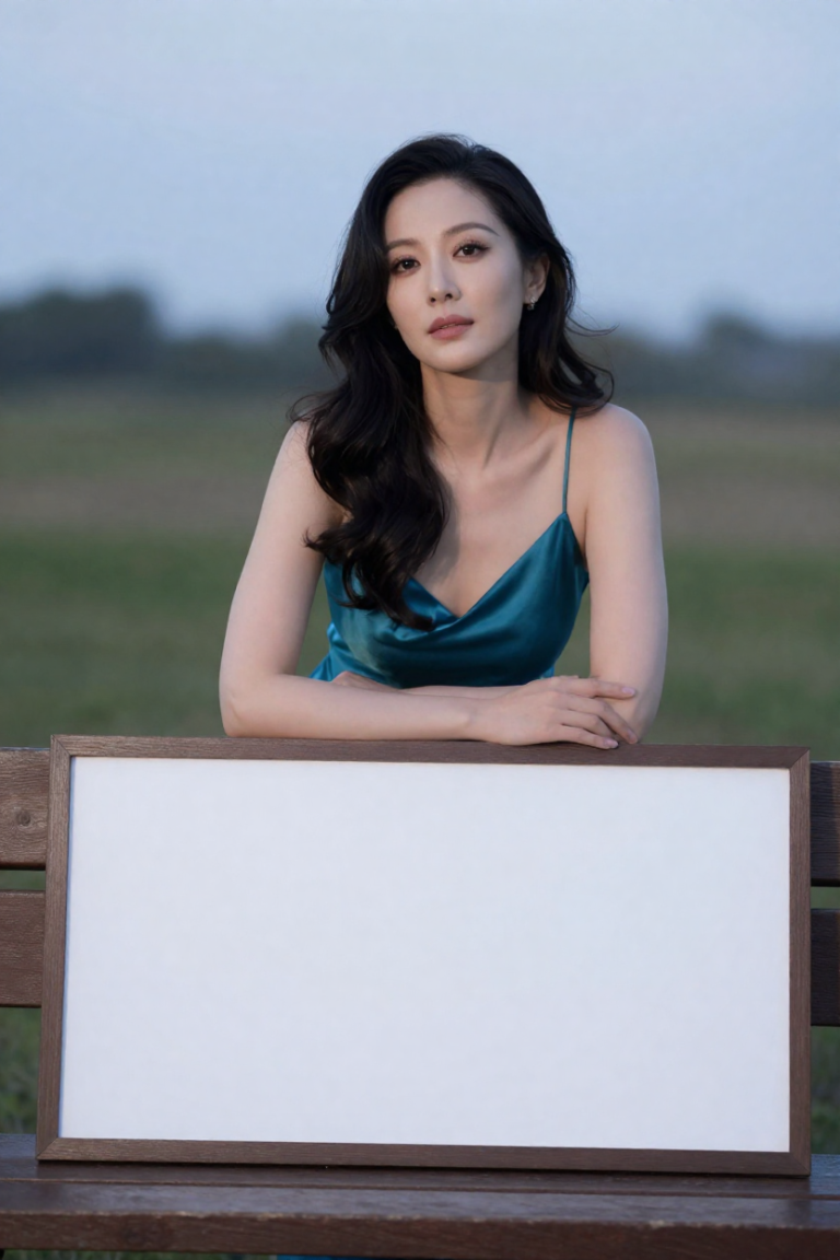 Web3Map888 studio portrait - muse in a teal satin slip leaning on a bench with a blank board